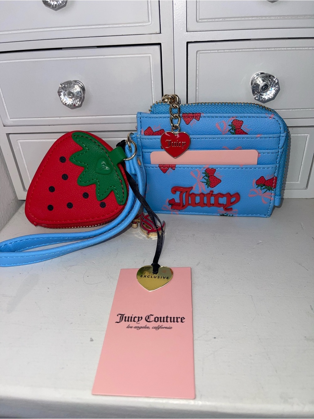 NWT Juicy Couture Blue Strawberry Cardholder with Red Strawberry Coin Pouch